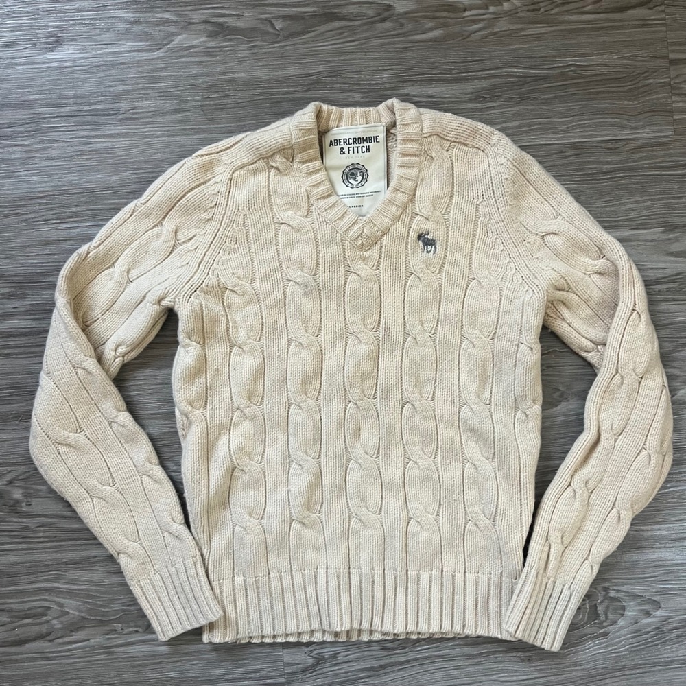 Vintage Abercrombie & Fitch Wool Cashmere Cable Knit V-Neck Sweater Cream Small